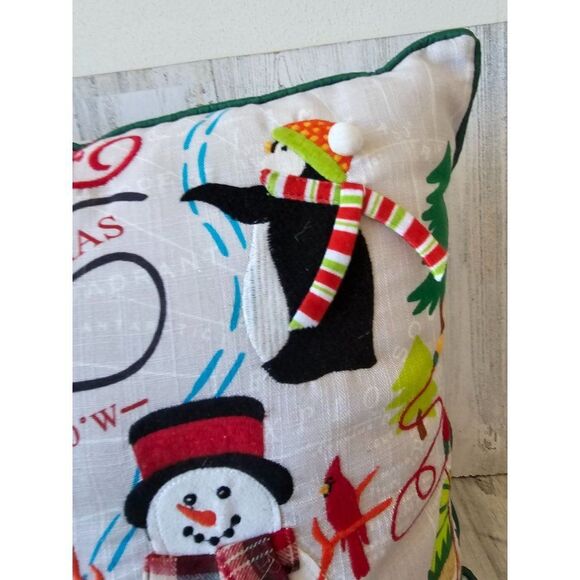 Pier 1 embroidered Xmas snowman North Pole penguin elf pillow decor Xmas 14x14 i - Picture 7 of 10